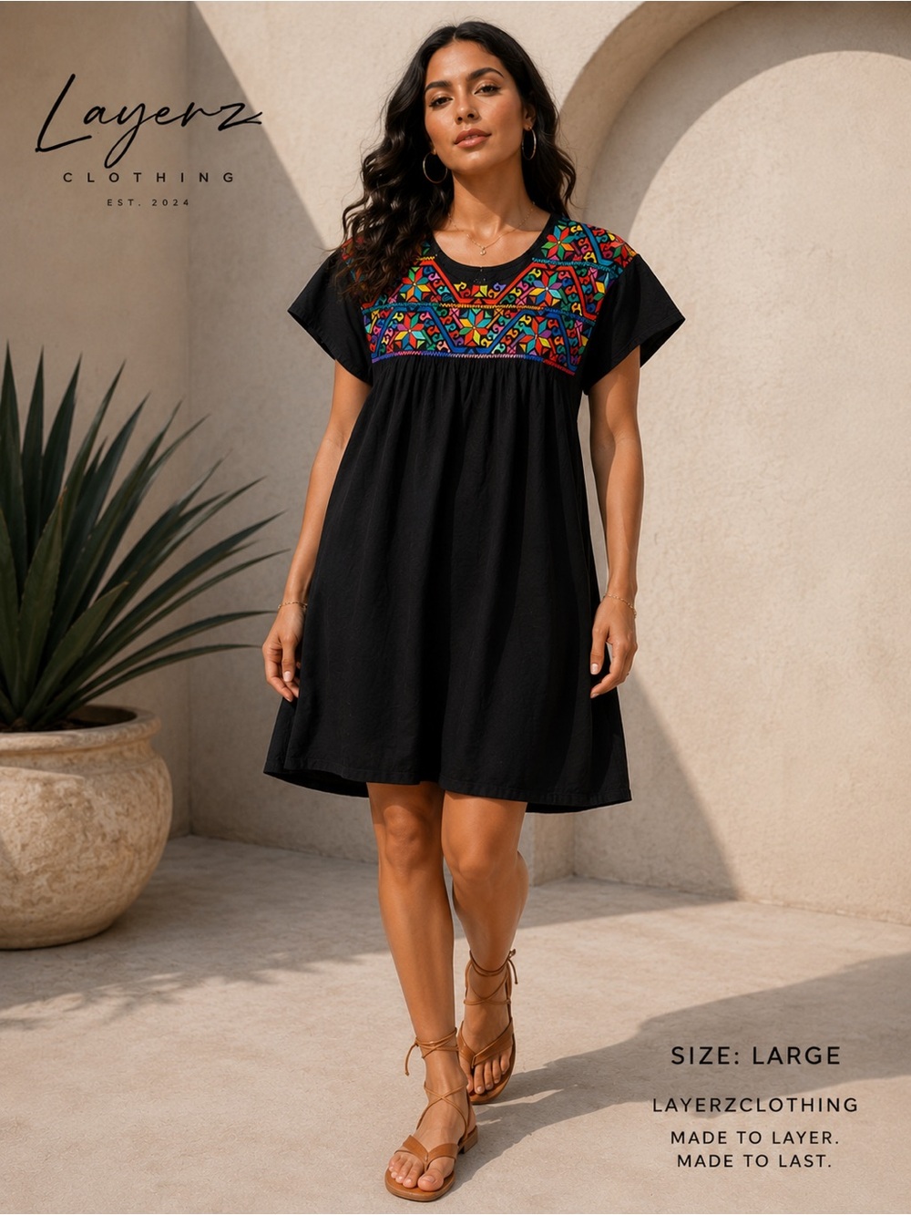 Layerz Clothing Black Mini Dress with Colorful Embroidered Yoke size large nwt